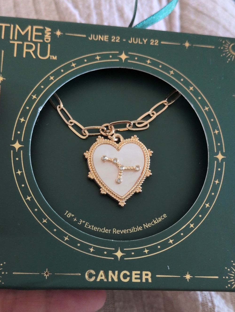 Time and Tru Cancer Zodiac Gold-Tone Heart Pendant Necklace with White Center